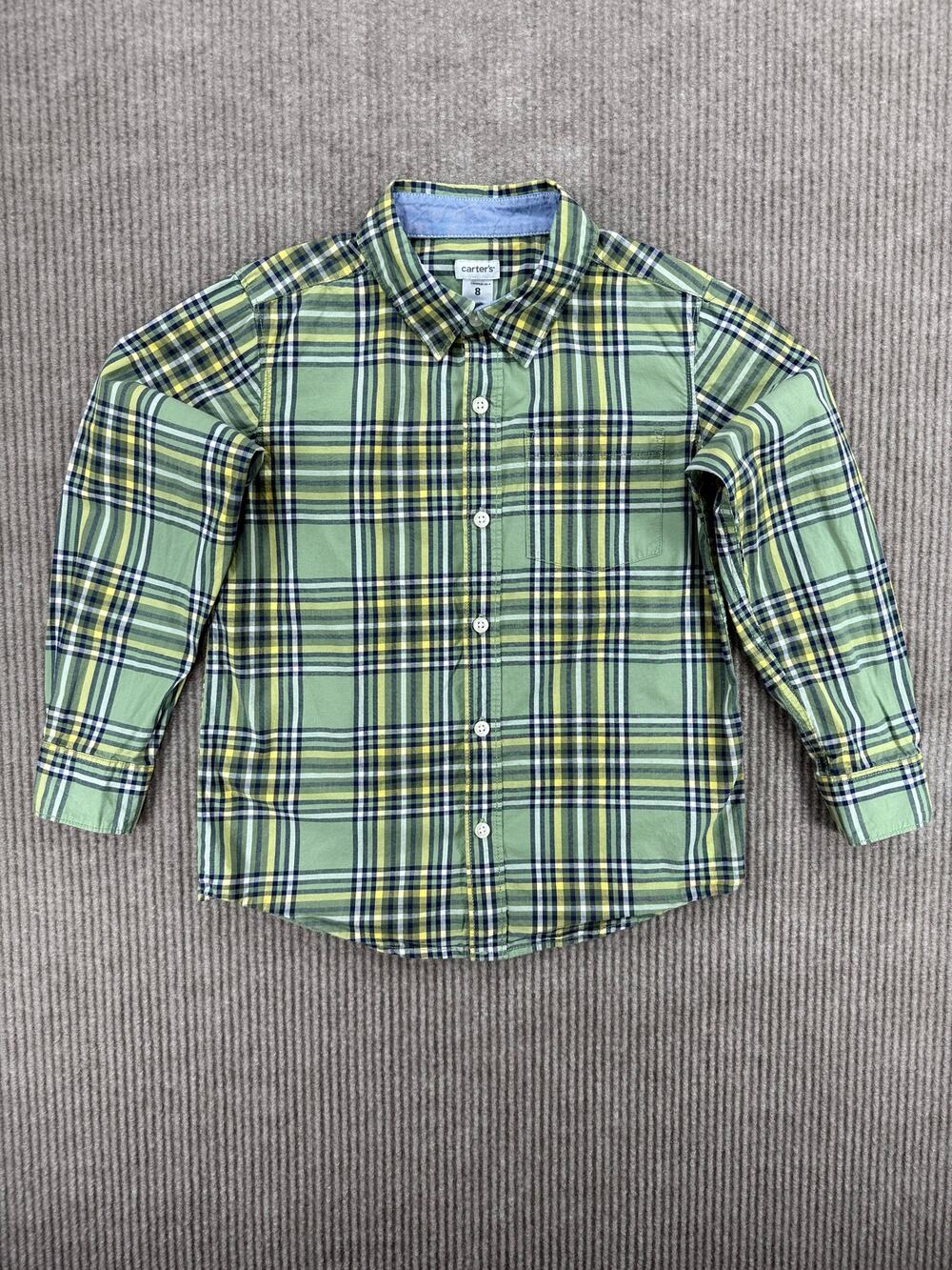 Carter's Boys Plaid Button-Down Shirt Size 8 Green Yellow Check Long Sleeve
